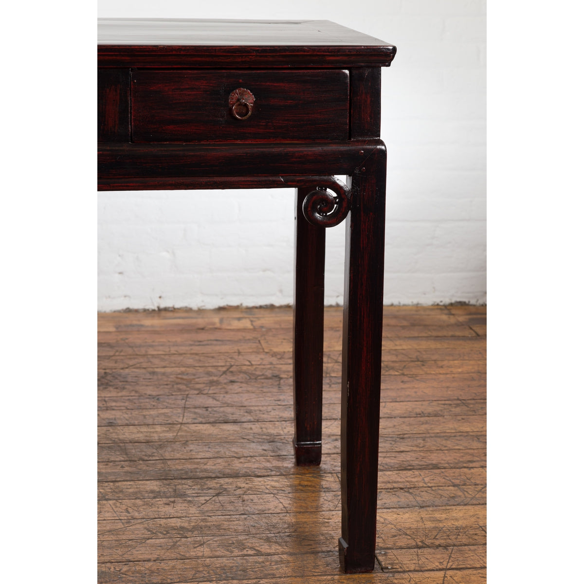 Chinese Antique Lacquered Wooden Desk with Four Drawers and Curling Scrolls-9. Asian & Chinese Furniture, Art, Antiques, Vintage Home Décor for sale at FEA Home