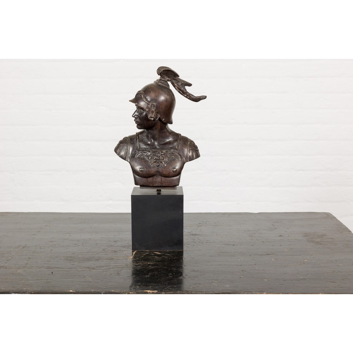 Bronze Greco Roman Style Bust of a Spartan Soldier on Black Wooden Base-4. Asian & Chinese Furniture, Art, Antiques, Vintage Home Décor for sale at FEA Home