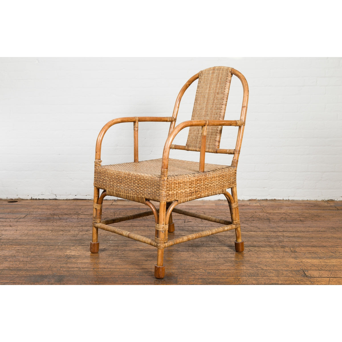 Vintage Burmese Country Style Hand-Woven Rattan Armchair with Rounded Back-15. Asian & Chinese Furniture, Art, Antiques, Vintage Home Décor for sale at FEA Home