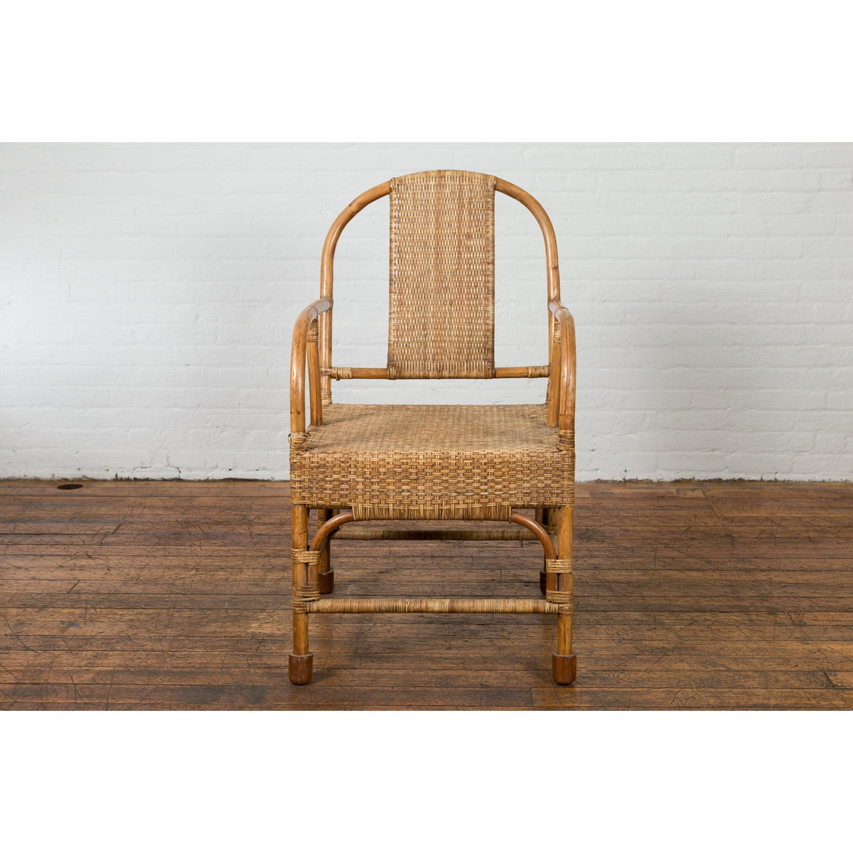 Vintage Burmese Country Style Hand-Woven Rattan Armchair with Rounded Back-2. Asian & Chinese Furniture, Art, Antiques, Vintage Home Décor for sale at FEA Home