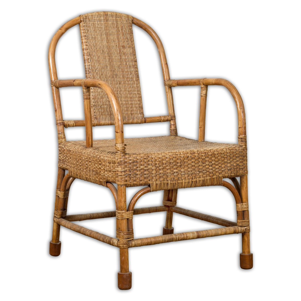 Vintage Burmese Country Style Hand-Woven Rattan Armchair with Rounded Back-4. Asian & Chinese Furniture, Art, Antiques, Vintage Home Décor for sale at FEA Home
