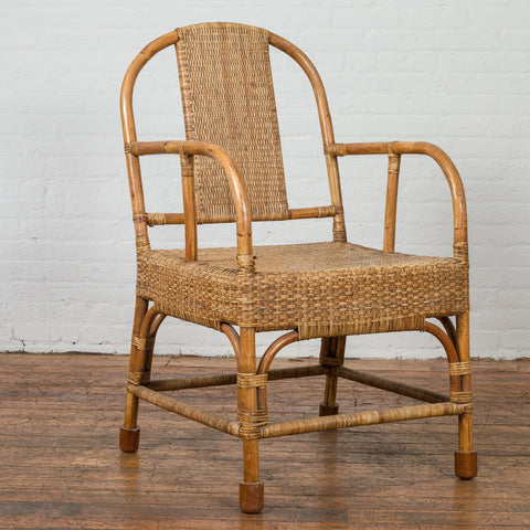 Vintage Burmese Country Style Hand-Woven Rattan Armchair with Rounded Back-YN7558-5. Asian & Chinese Furniture, Art, Antiques, Vintage Home Décor for sale at FEA Home