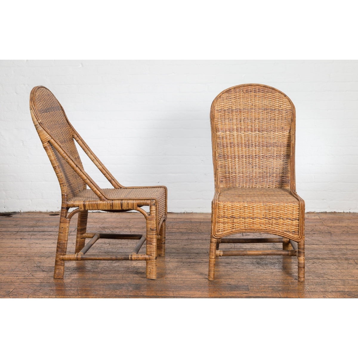Pair of Burmese Vintage Country Style Woven Rattan and Bamboo Chairs-12. Asian & Chinese Furniture, Art, Antiques, Vintage Home Décor for sale at FEA Home