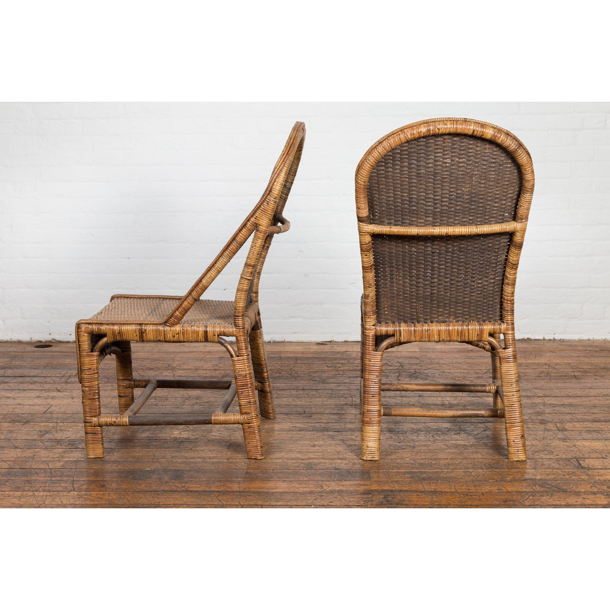 Pair of Burmese Vintage Country Style Woven Rattan and Bamboo Chairs-14. Asian & Chinese Furniture, Art, Antiques, Vintage Home Décor for sale at FEA Home