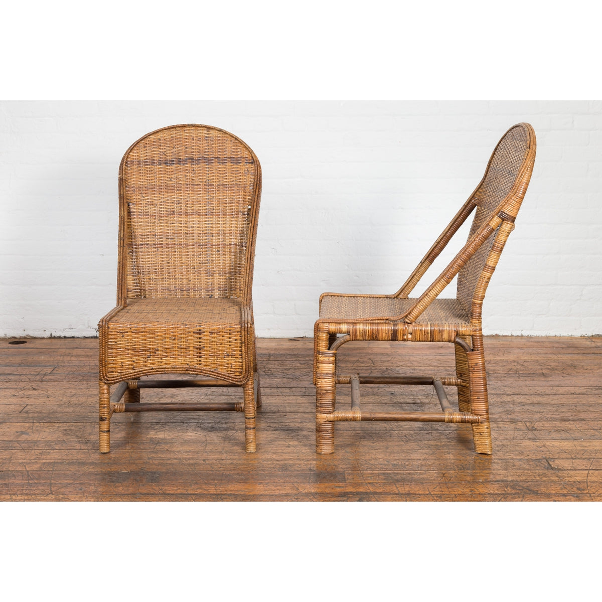 Pair of Burmese Vintage Country Style Woven Rattan and Bamboo Chairs-15. Asian & Chinese Furniture, Art, Antiques, Vintage Home Décor for sale at FEA Home