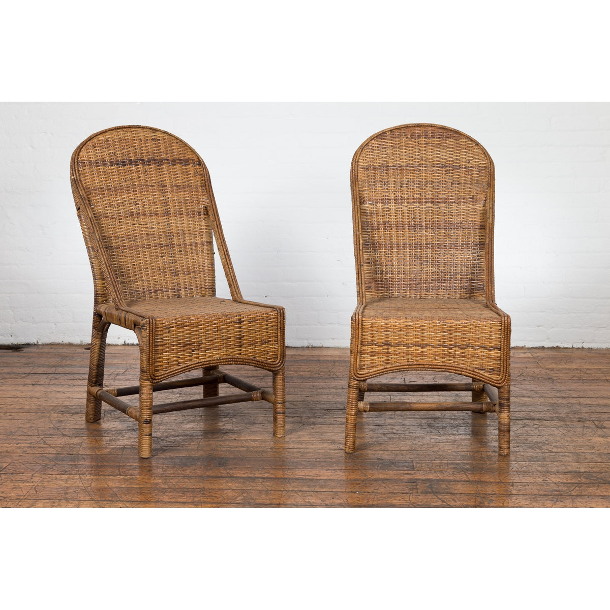 Pair of Burmese Vintage Country Style Woven Rattan and Bamboo Chairs-4. Asian & Chinese Furniture, Art, Antiques, Vintage Home Décor for sale at FEA Home
