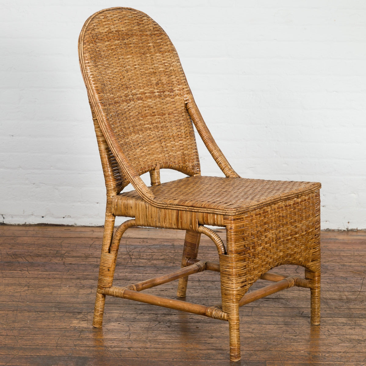 Vintage Rattan Chair with Slanted Back & Long Front Skirt-10. Asian & Chinese Furniture, Art, Antiques, Vintage Home Décor for sale at FEA Home