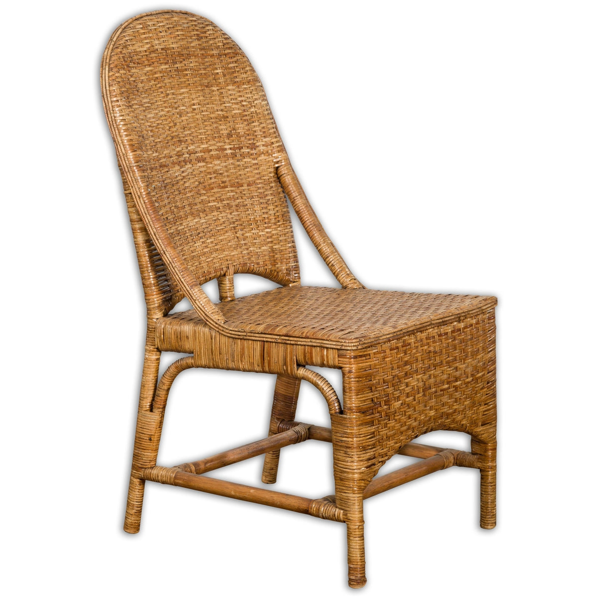 Vintage Rattan Chair with Slanted Back & Long Front Skirt-18. Asian & Chinese Furniture, Art, Antiques, Vintage Home Décor for sale at FEA Home