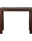 Dark brown woven rattan console table with rectangular top and four straight legs, midcentury Burmese style.