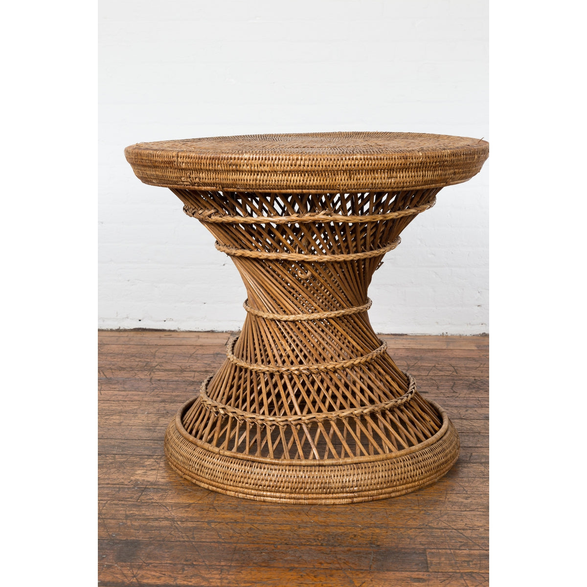Country Style Vintage Thai Woven Rattan Drum Table with Circular Top-10. Asian & Chinese Furniture, Art, Antiques, Vintage Home Décor for sale at FEA Home