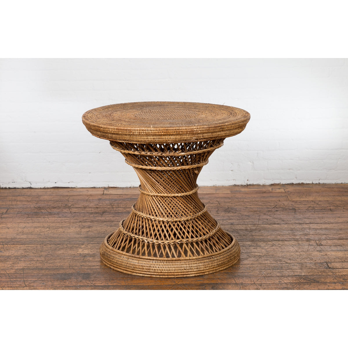 Country Style Vintage Thai Woven Rattan Drum Table with Circular Top-11. Asian & Chinese Furniture, Art, Antiques, Vintage Home Décor for sale at FEA Home