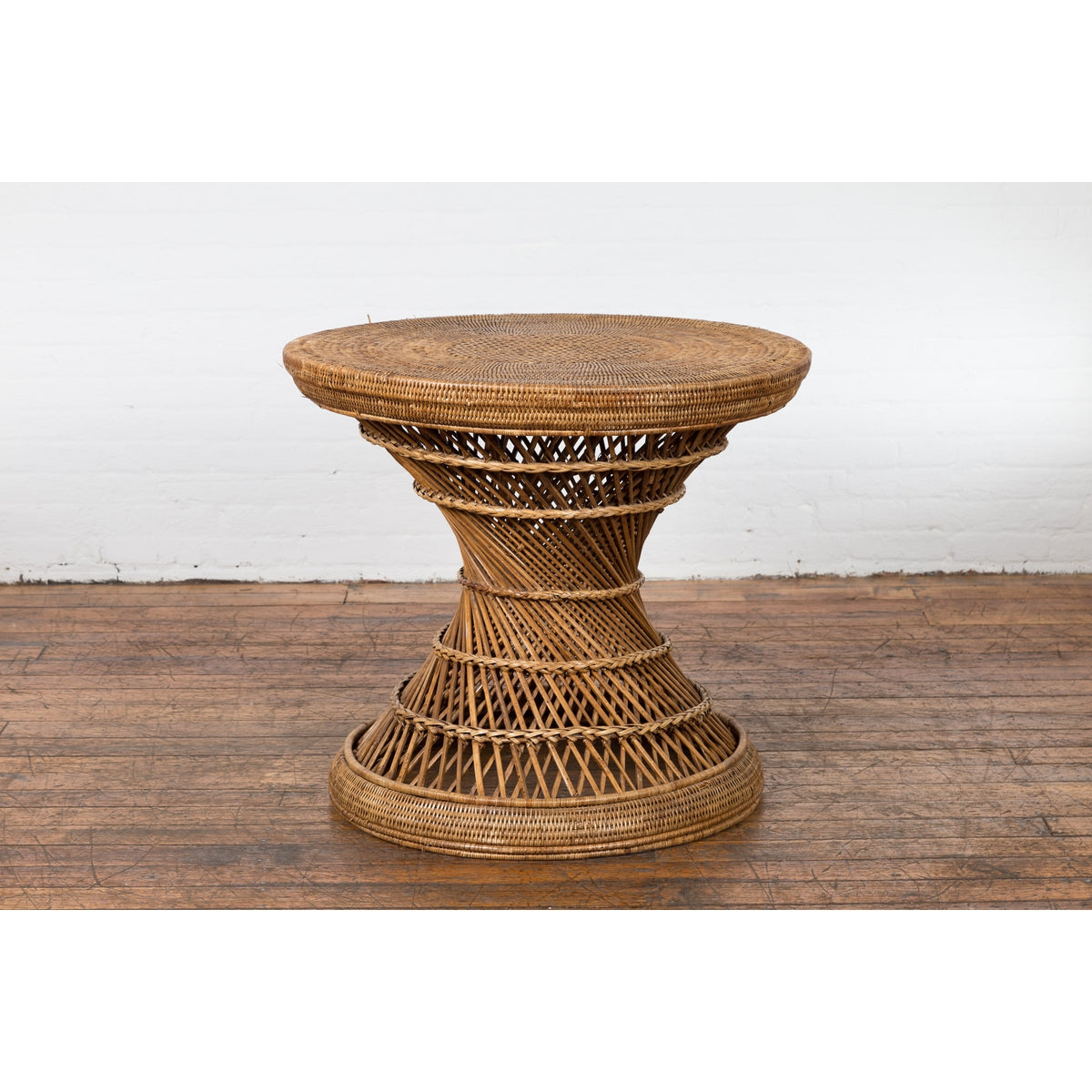 Country Style Vintage Thai Woven Rattan Drum Table with Circular Top-12. Asian & Chinese Furniture, Art, Antiques, Vintage Home Décor for sale at FEA Home