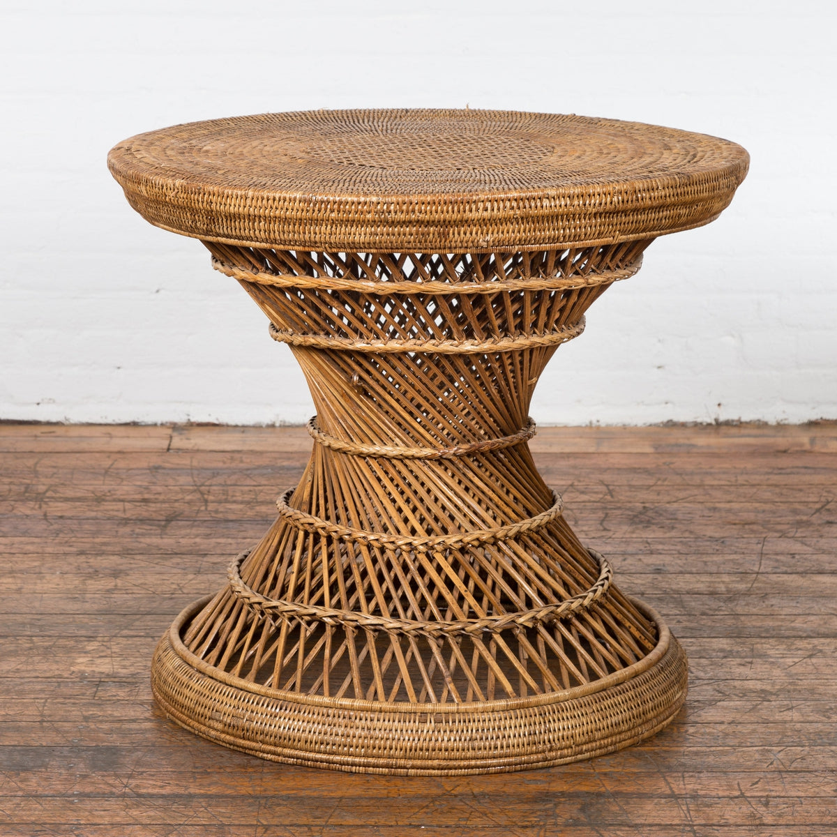 Country Style Vintage Thai Woven Rattan Drum Table with Circular Top-13. Asian & Chinese Furniture, Art, Antiques, Vintage Home Décor for sale at FEA Home