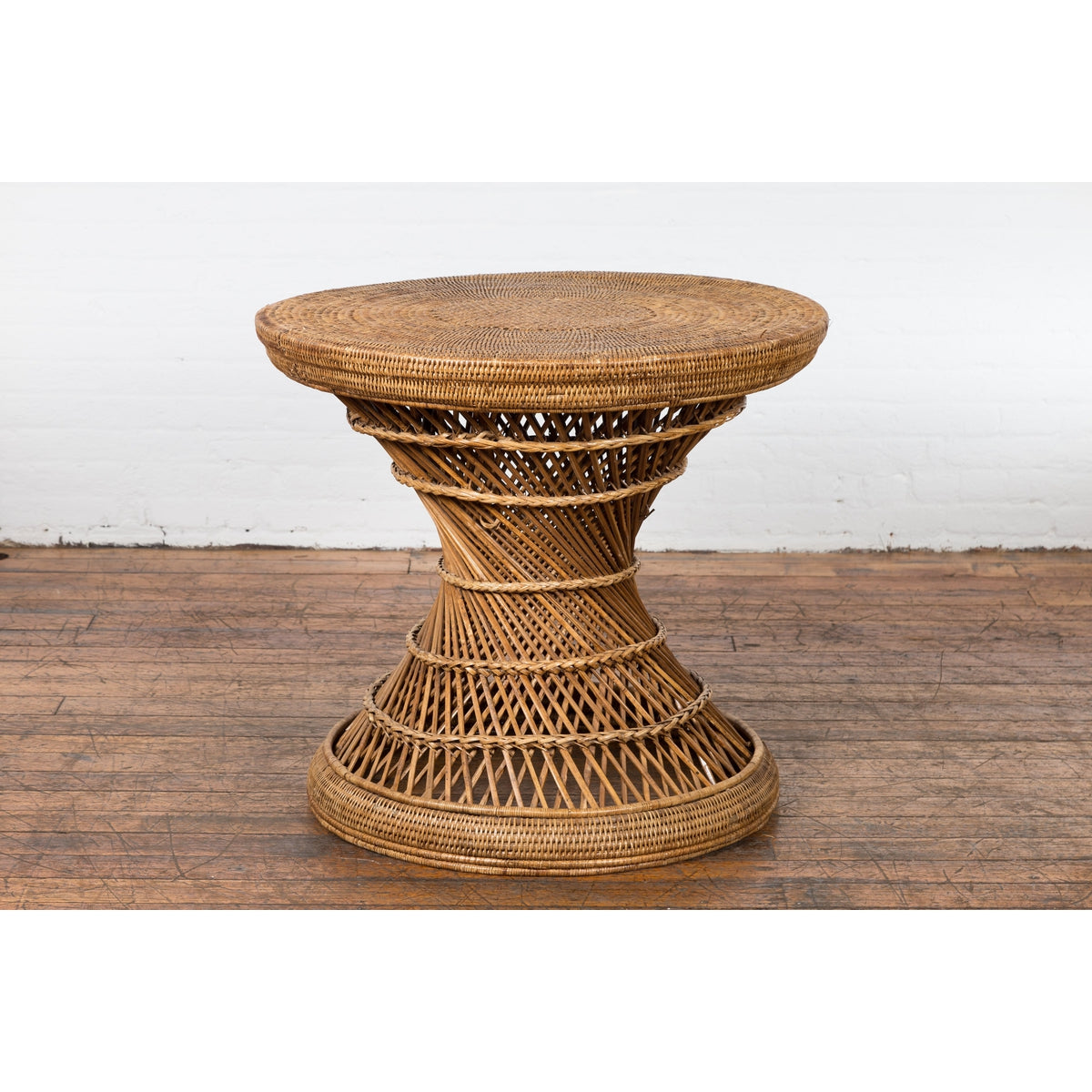 Country Style Vintage Thai Woven Rattan Drum Table with Circular Top-14. Asian & Chinese Furniture, Art, Antiques, Vintage Home Décor for sale at FEA Home