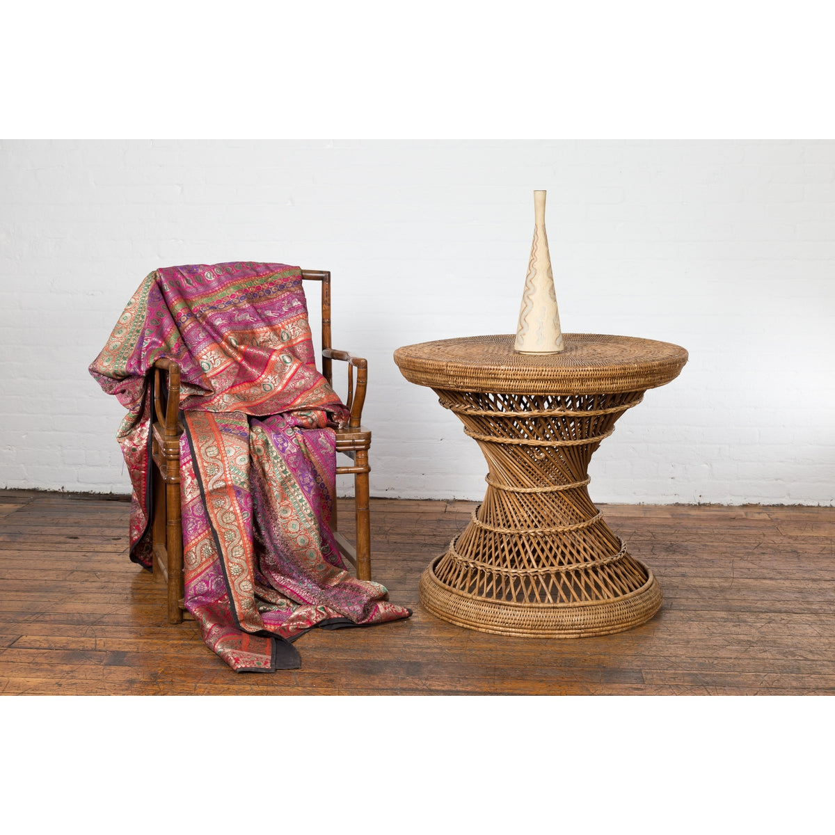 Country Style Vintage Thai Woven Rattan Drum Table with Circular Top-3. Asian & Chinese Furniture, Art, Antiques, Vintage Home Décor for sale at FEA Home
