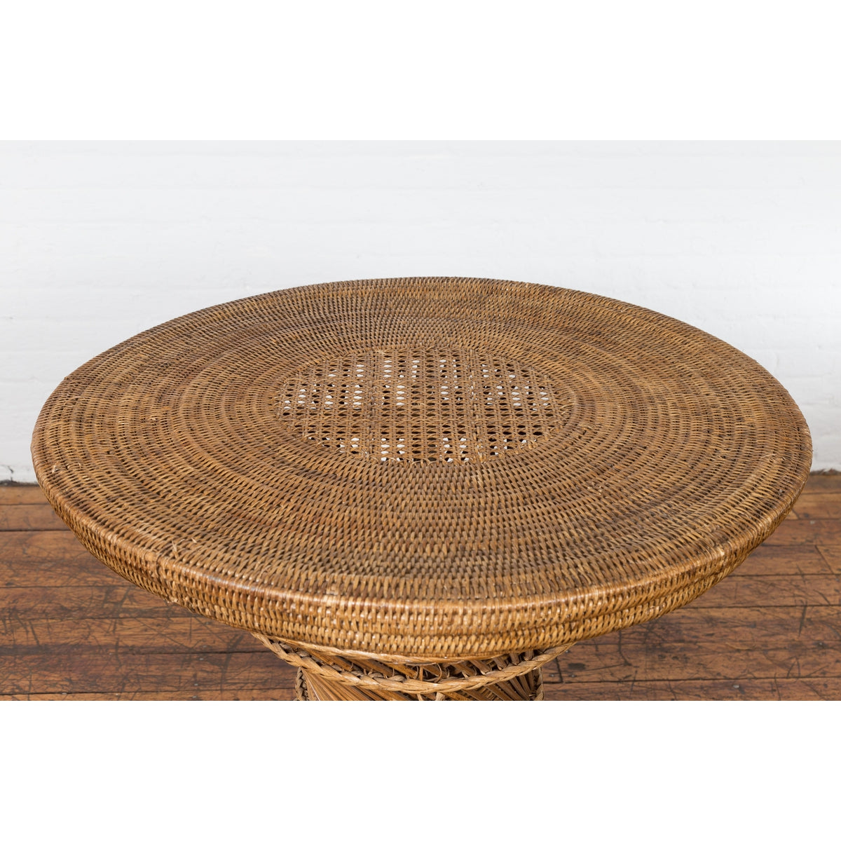 Country Style Vintage Thai Woven Rattan Drum Table with Circular Top-4. Asian & Chinese Furniture, Art, Antiques, Vintage Home Décor for sale at FEA Home