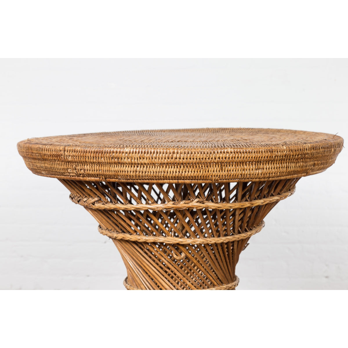 Country Style Vintage Thai Woven Rattan Drum Table with Circular Top-7. Asian & Chinese Furniture, Art, Antiques, Vintage Home Décor for sale at FEA Home