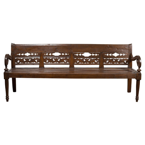 Hand Carved Teak Wood Settee with Scrolling Foliage and Turned Legs-YN7600-1. Asian & Chinese Furniture, Art, Antiques, Vintage Home Décor for sale at FEA Home