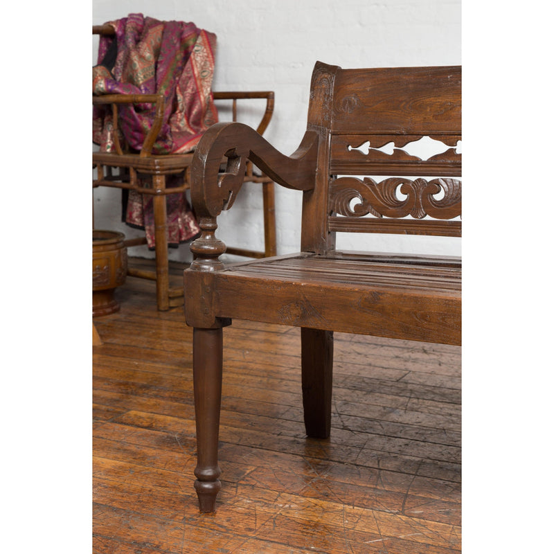 Hand Carved Teak Wood Settee with Scrolling Foliage and Turned Legs-YN7600-6. Asian & Chinese Furniture, Art, Antiques, Vintage Home Décor for sale at FEA Home