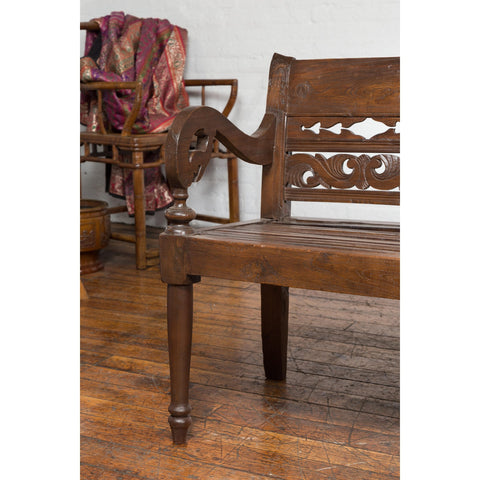 Hand Carved Teak Wood Settee with Scrolling Foliage and Turned Legs-YN7600-6. Asian & Chinese Furniture, Art, Antiques, Vintage Home Décor for sale at FEA Home