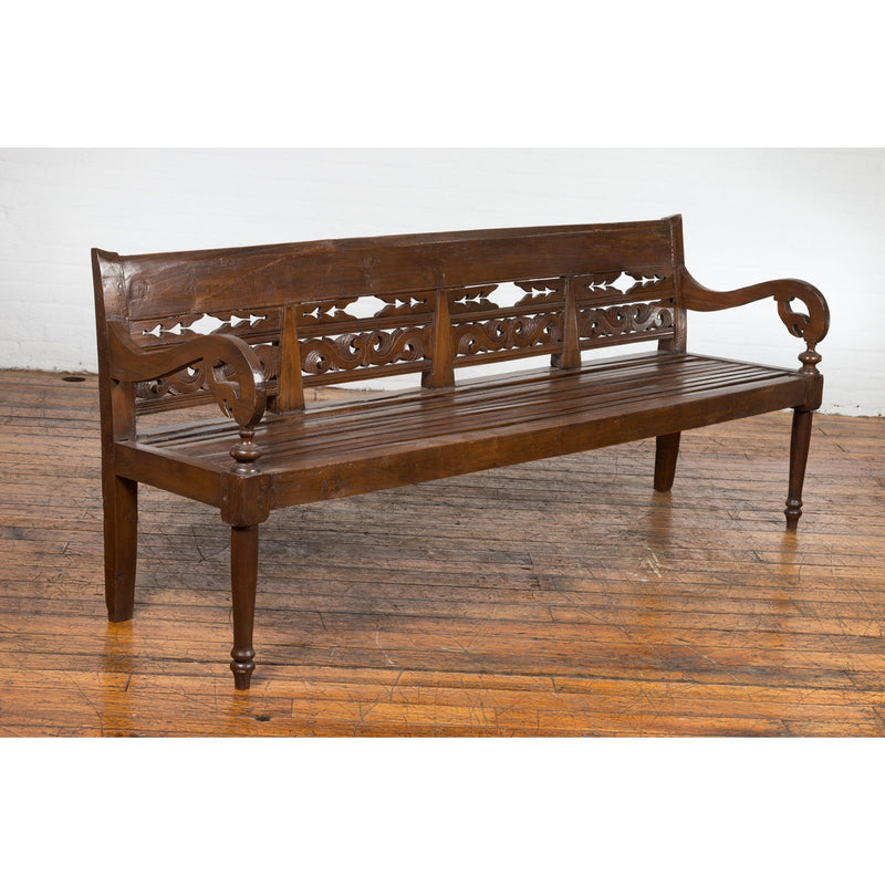 Hand Carved Teak Wood Settee with Scrolling Foliage and Turned Legs-YN7600-8. Asian & Chinese Furniture, Art, Antiques, Vintage Home Décor for sale at FEA Home