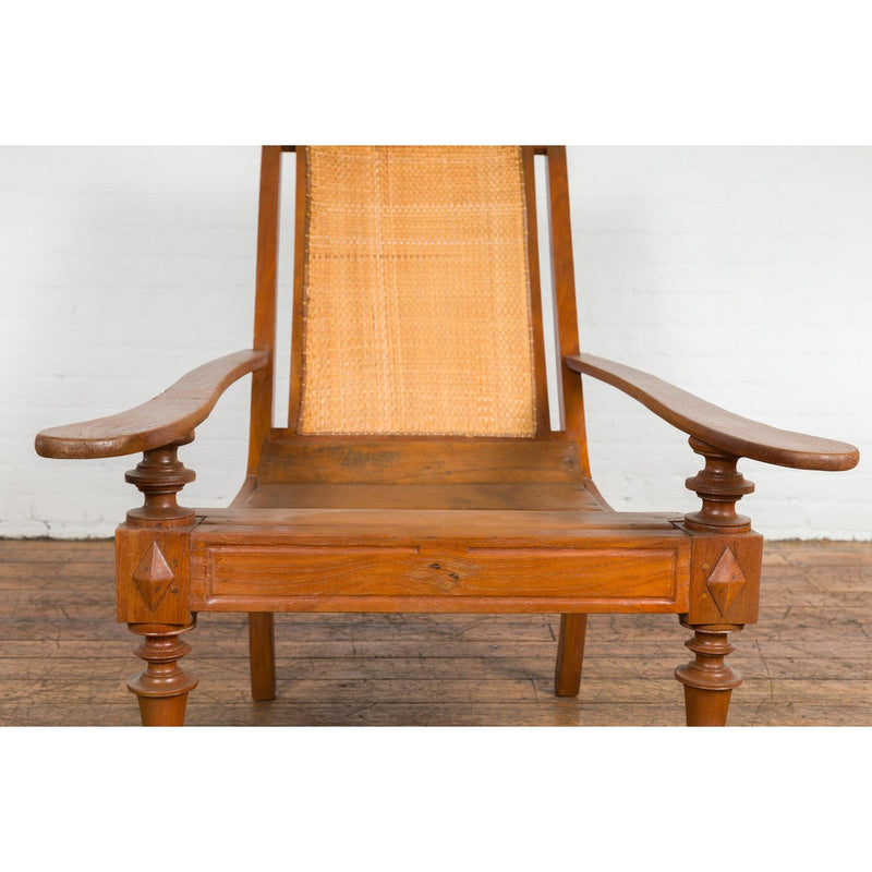 Dutch Colonial Wood and Rattan Lounge Chair with Slanted Back and Carved Finials-YN7610-11. Asian & Chinese Furniture, Art, Antiques, Vintage Home Décor for sale at FEA Home