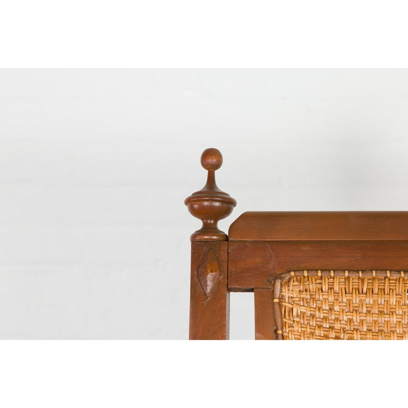 Dutch Colonial Wood and Rattan Lounge Chair with Slanted Back and Carved Finials-YN7610-5. Asian & Chinese Furniture, Art, Antiques, Vintage Home Décor for sale at FEA Home
