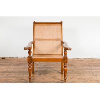 Colonial Period Wood and Rattan Lounge Chair with Extending Arms