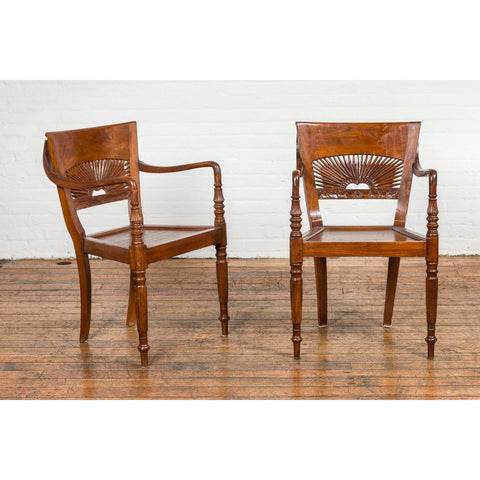 Dutch Colonial Teak Dining Room Chairs with Carved Radiating Backs, Set of Six-YN7614-1. Asian & Chinese Furniture, Art, Antiques, Vintage Home Décor for sale at FEA Home