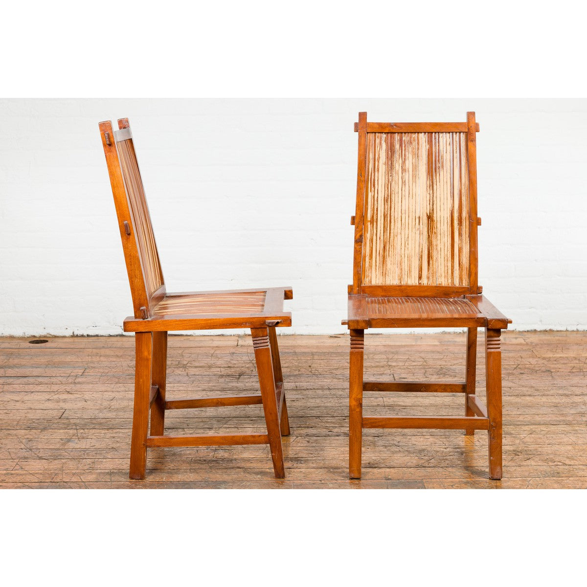 Wooden Side Chairs with Bamboo Slats, Distressed Finish and Tapered Legs, a Pair-10. Asian & Chinese Furniture, Art, Antiques, Vintage Home Décor for sale at FEA Home