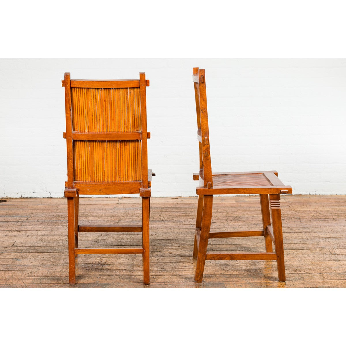 Wooden Side Chairs with Bamboo Slats, Distressed Finish and Tapered Legs, a Pair-11. Asian & Chinese Furniture, Art, Antiques, Vintage Home Décor for sale at FEA Home