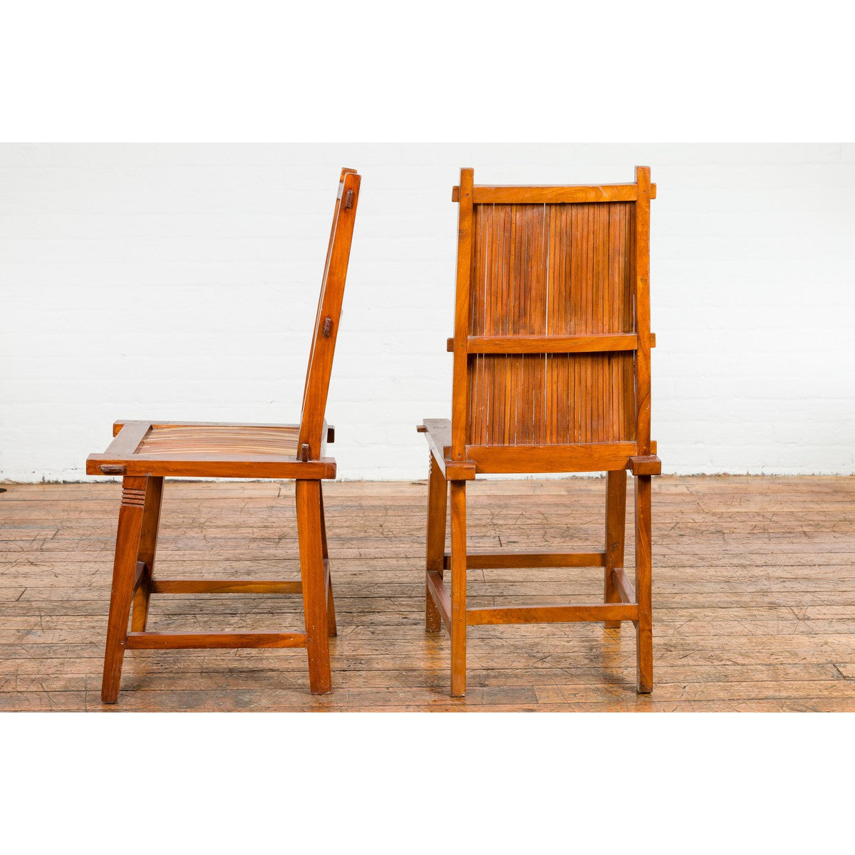 Wooden Side Chairs with Bamboo Slats, Distressed Finish and Tapered Legs, a Pair-12. Asian & Chinese Furniture, Art, Antiques, Vintage Home Décor for sale at FEA Home