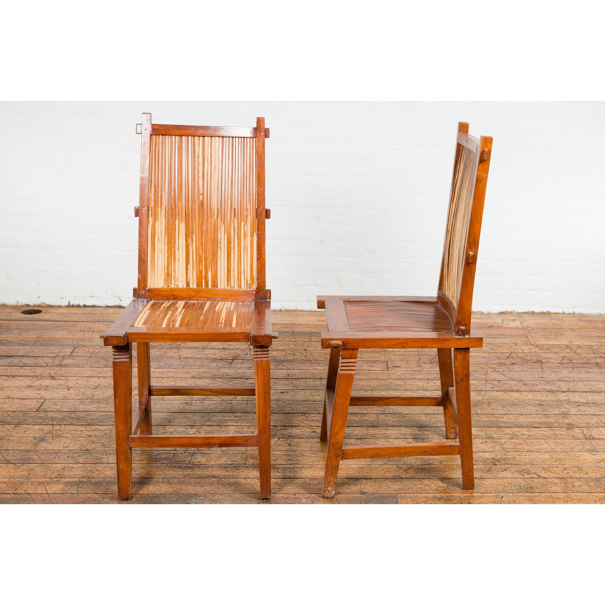 Wooden Side Chairs with Bamboo Slats, Distressed Finish and Tapered Legs, a Pair-13. Asian & Chinese Furniture, Art, Antiques, Vintage Home Décor for sale at FEA Home