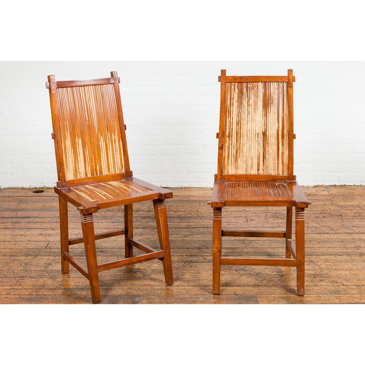 Wooden Side Chairs with Bamboo Slats, Distressed Finish and Tapered Legs, a Pair-2. Asian & Chinese Furniture, Art, Antiques, Vintage Home Décor for sale at FEA Home