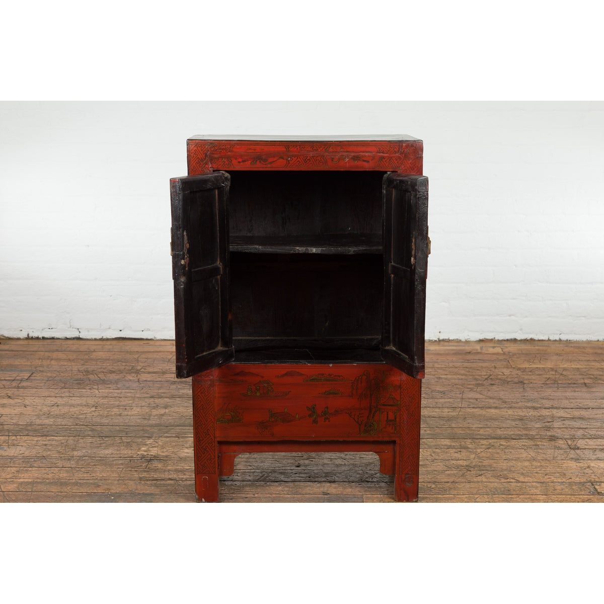 Chinese Qing Dynasty Period Red Lacquer Bedside Cabinet with Hand-Painted Décor-3. Asian & Chinese Furniture, Art, Antiques, Vintage Home Décor for sale at FEA Home