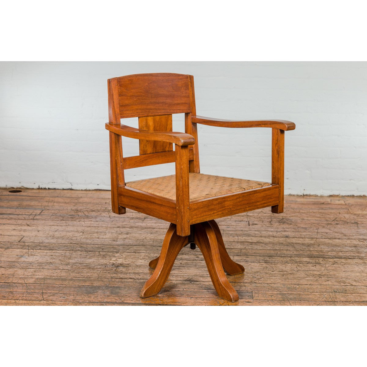 Midcentury Wooden Swivel Chair with Woven Rattan Seat and Quadripod Base-10. Asian & Chinese Furniture, Art, Antiques, Vintage Home Décor for sale at FEA Home