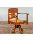 Midcentury Wooden Swivel Chair with Woven Rattan Seat and Quadripod Base-10. Asian & Chinese Furniture, Art, Antiques, Vintage Home Décor for sale at FEA Home