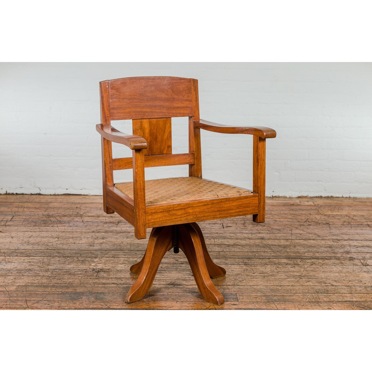 Midcentury Wooden Swivel Chair with Woven Rattan Seat and Quadripod Base-11. Asian & Chinese Furniture, Art, Antiques, Vintage Home Décor for sale at FEA Home