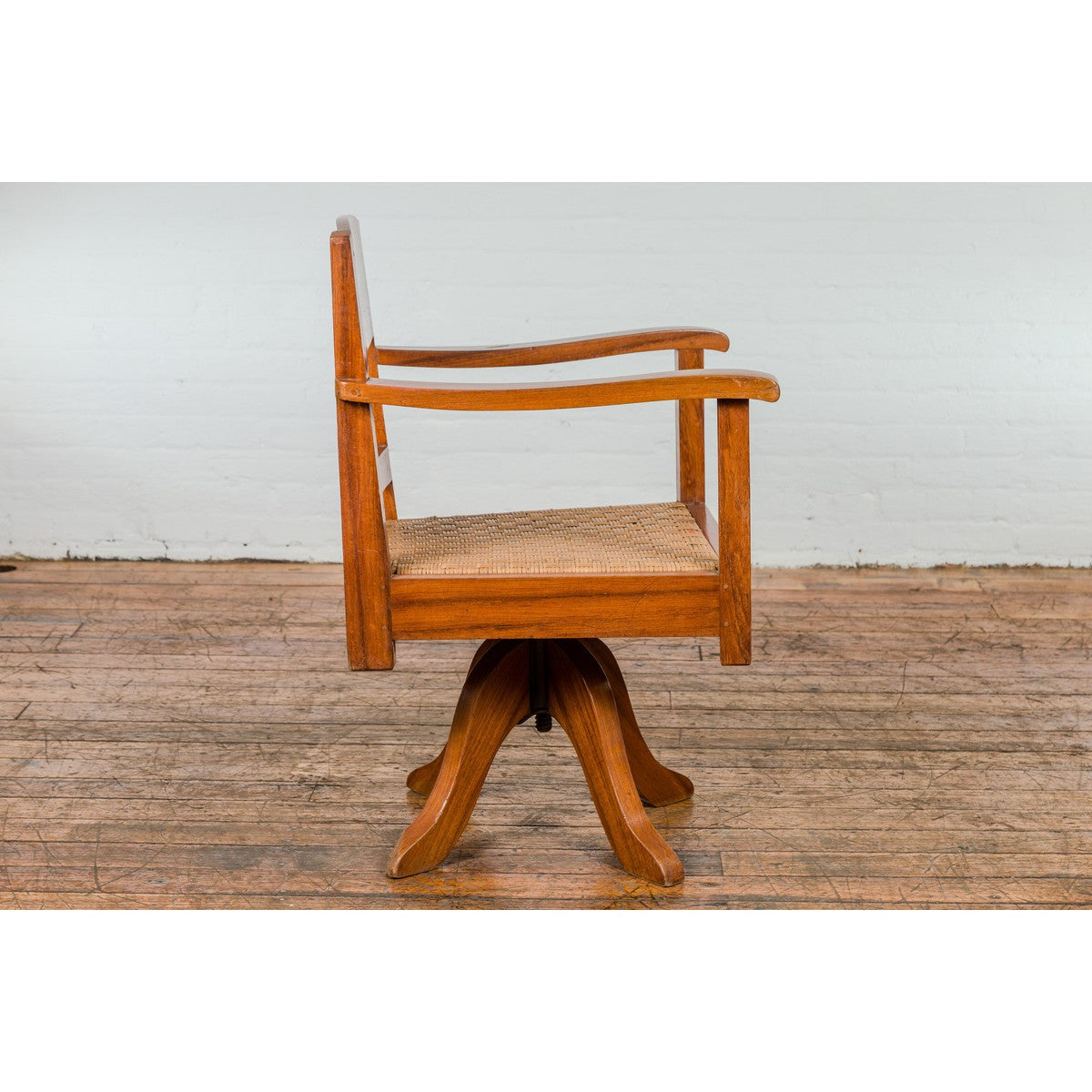 Midcentury Wooden Swivel Chair with Woven Rattan Seat and Quadripod Base-12. Asian & Chinese Furniture, Art, Antiques, Vintage Home Décor for sale at FEA Home