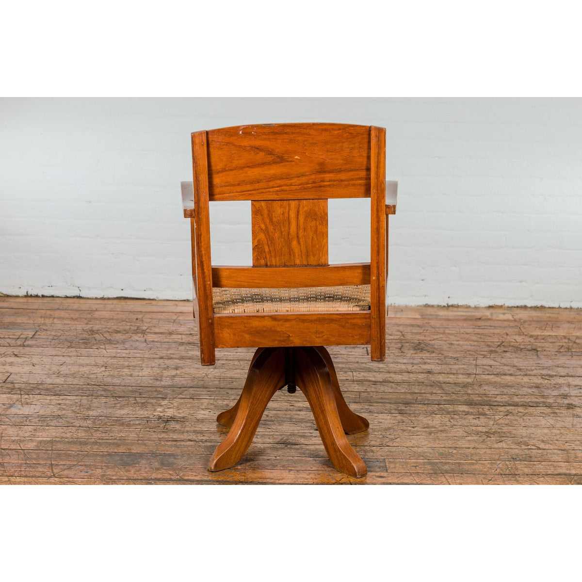 Midcentury Wooden Swivel Chair with Woven Rattan Seat and Quadripod Base-13. Asian & Chinese Furniture, Art, Antiques, Vintage Home Décor for sale at FEA Home