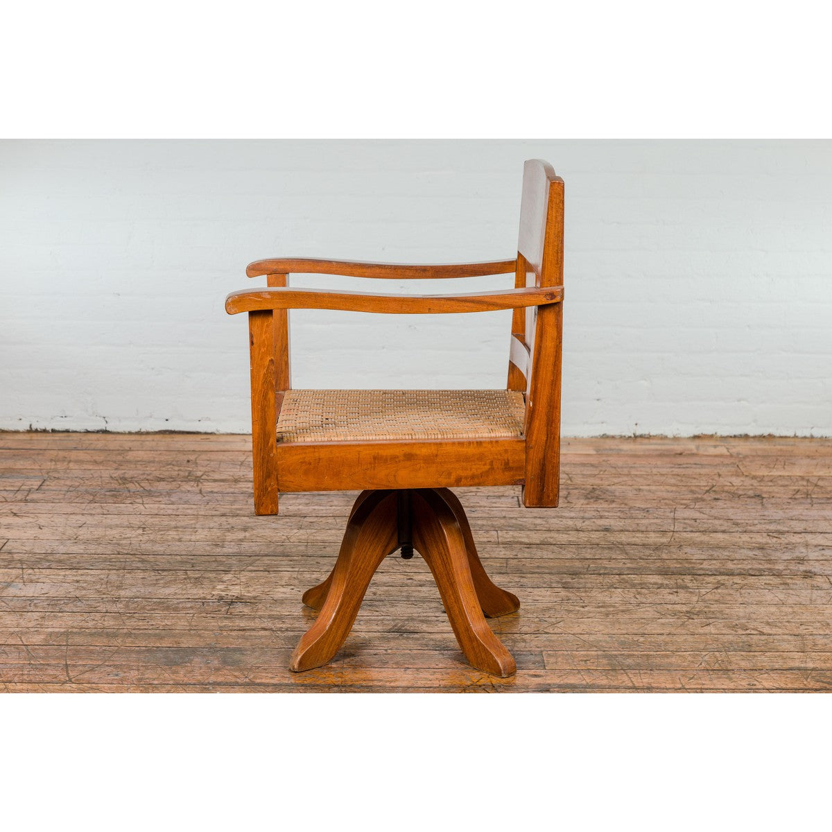 Midcentury Wooden Swivel Chair with Woven Rattan Seat and Quadripod Base-14. Asian & Chinese Furniture, Art, Antiques, Vintage Home Décor for sale at FEA Home