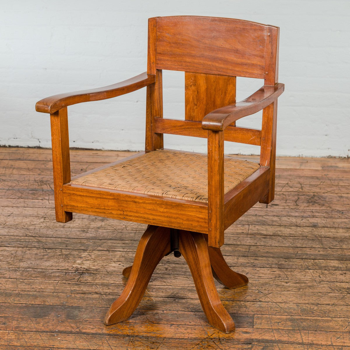 Midcentury Wooden Swivel Chair with Woven Rattan Seat and Quadripod Base-15. Asian & Chinese Furniture, Art, Antiques, Vintage Home Décor for sale at FEA Home