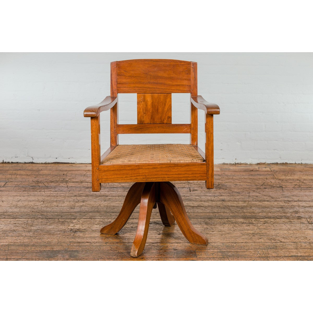 Midcentury Wooden Swivel Chair with Woven Rattan Seat and Quadripod Base-2. Asian & Chinese Furniture, Art, Antiques, Vintage Home Décor for sale at FEA Home