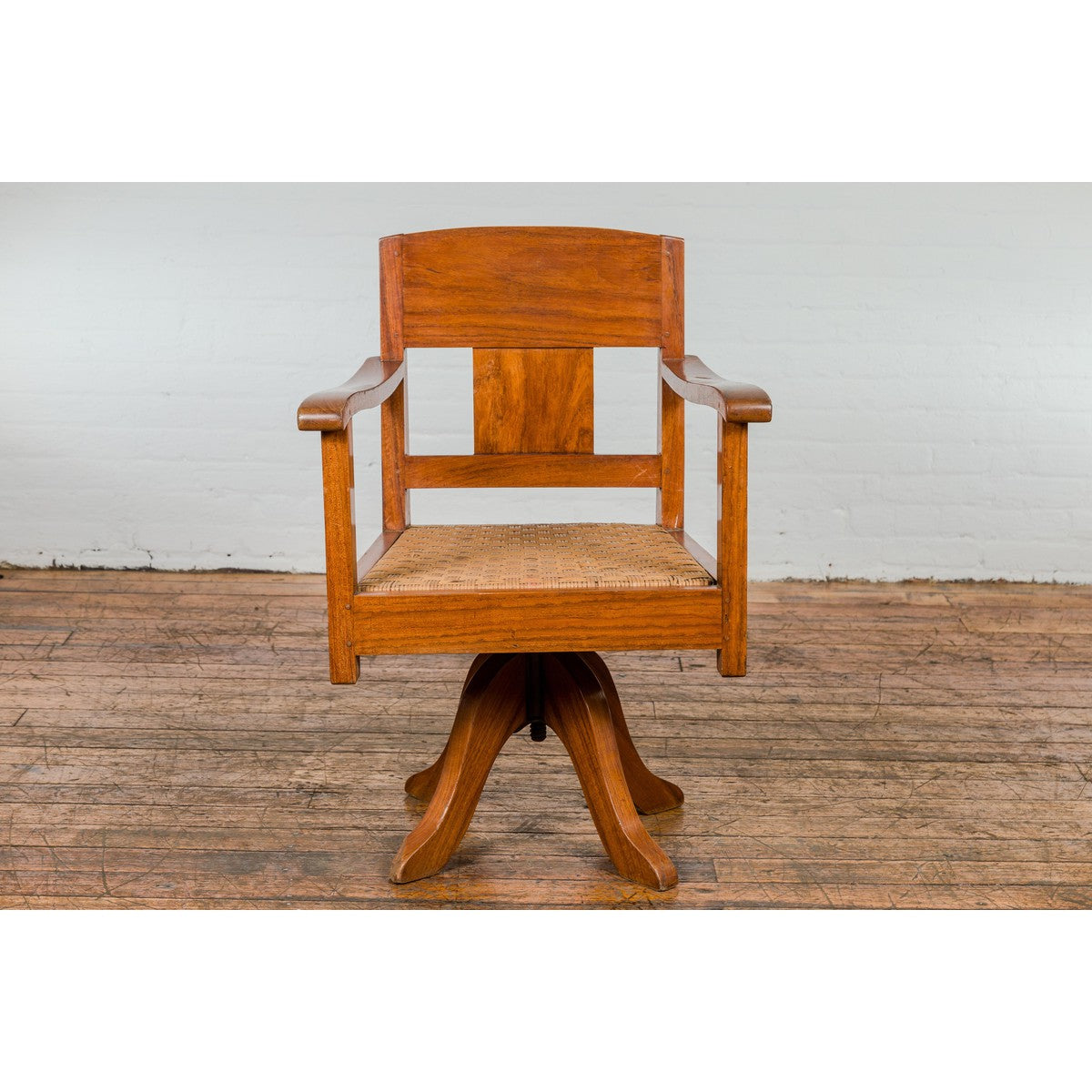 Midcentury Wooden Swivel Chair with Woven Rattan Seat and Quadripod Base-9. Asian & Chinese Furniture, Art, Antiques, Vintage Home Décor for sale at FEA Home
