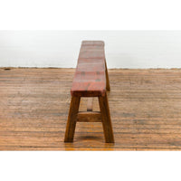 Rustic Long A-Frame Wooden Bench with Cross Stretcher and Splaying Legs
