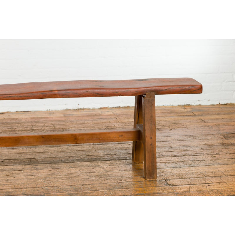 Rustic Long A-Frame Wooden Bench with Cross Stretcher and Splaying Legs-YN7644-4. Asian & Chinese Furniture, Art, Antiques, Vintage Home Décor for sale at FEA Home