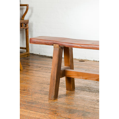 Rustic Long A-Frame Wooden Bench with Cross Stretcher and Splaying Legs-YN7644-7. Asian & Chinese Furniture, Art, Antiques, Vintage Home Décor for sale at FEA Home