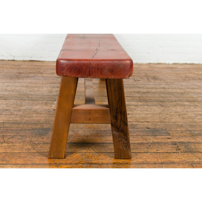 Mingei Style Rustic A-Frame Wooden Bench Made of Railroad Ties with Stretcher-YN7645-10. Asian & Chinese Furniture, Art, Antiques, Vintage Home Décor for sale at FEA Home