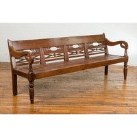 Dutch Colonial Bench with Carved Back, Scrolling Arms and Turned Baluster Legs