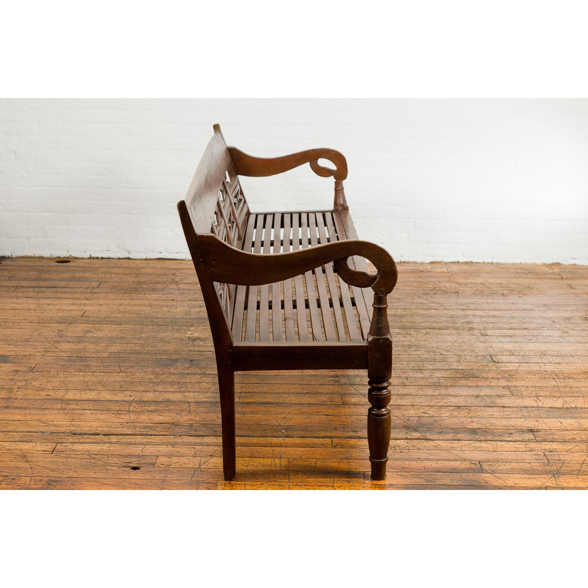 Dutch Colonial Bench with Carved Back, Scrolling Arms and Turned Baluster Legs-11. Asian & Chinese Furniture, Art, Antiques, Vintage Home Décor for sale at FEA Home